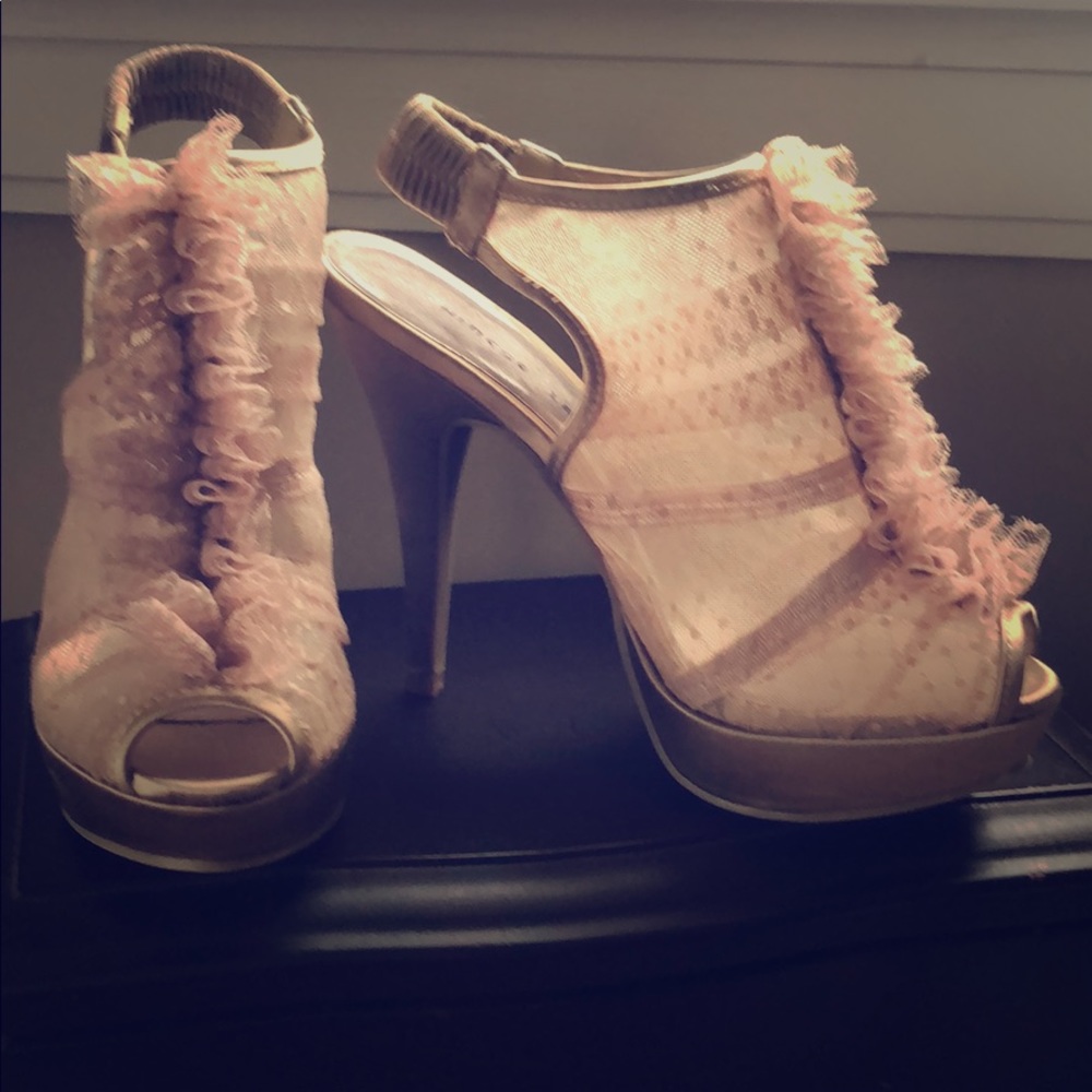 Lace and ruffle champagne gold heels